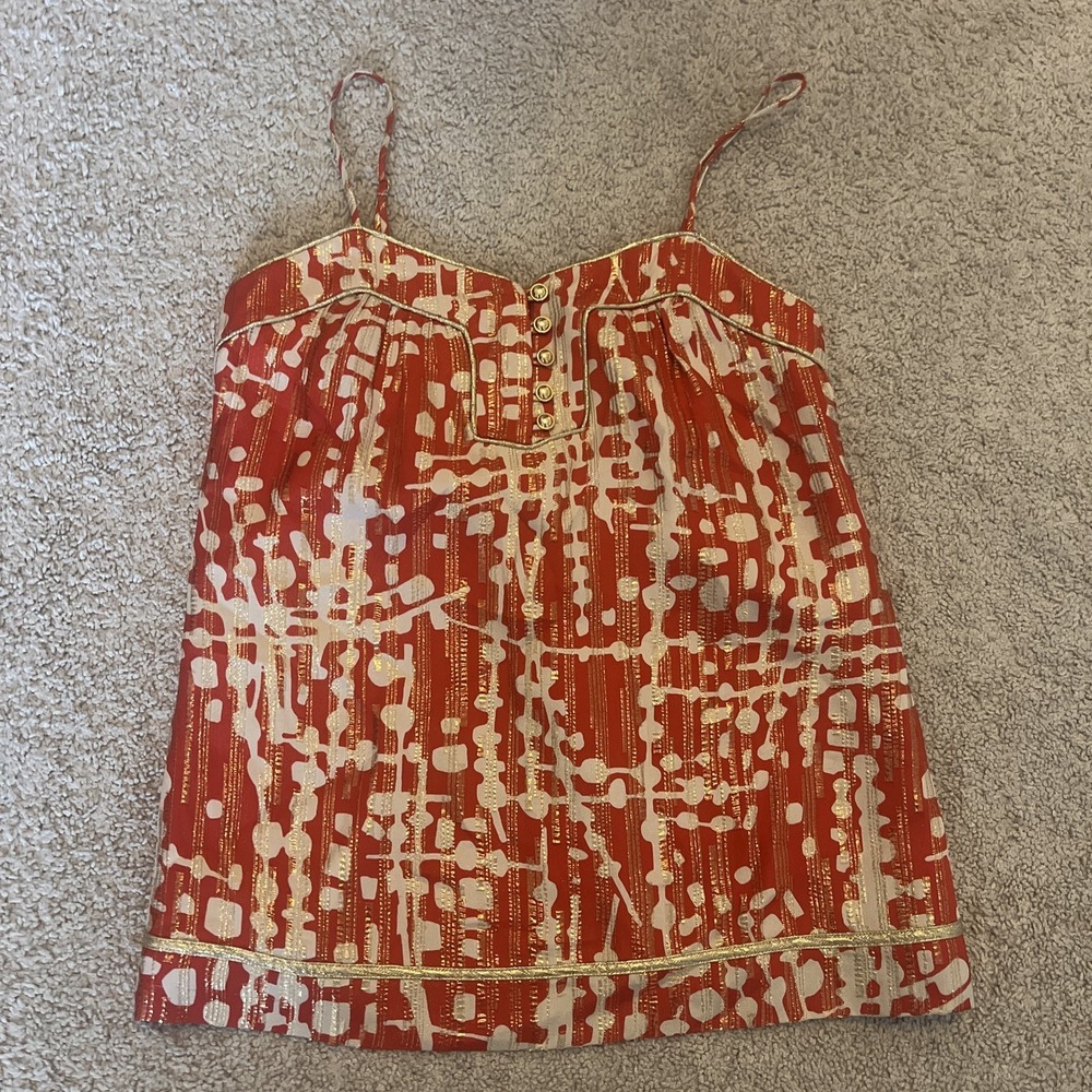 Shoshanna‎ Silk Spaghetti Strap Button Tunic Cami Y2K Size 4. Orange Ivory Gold.
